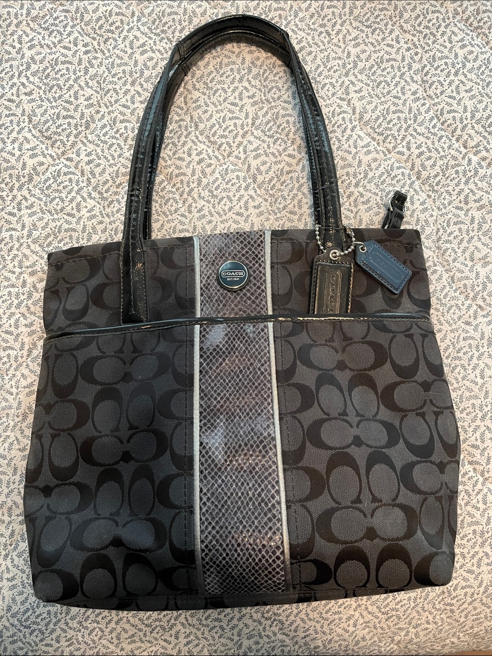 Coach black Signature Stripe Python Tote With 2 Hangtags